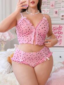 2pcs Plus Size Sweet & Sexy Front Button Floral Print Ruffled Lingerie Set - Pink - View 4