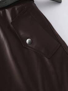 GlowEve CURVE Spódnica damska z elastycznej skóry PU w dużym rozmiarze, Elenzga Elegancka do dojazdów do pracy, z paskiem - Brązowy mocha - Zobacz 5