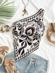 Soleia New Asymmetrical Shoulder Backless Blouse, Suitable For Party, Date, Valentine's Day, Easter, Carnival, Afternoon Tea, Beach Vacation, City Vacation, Bohemian, Boho, Romantic Floral,Carnival - Multicolor - View 5