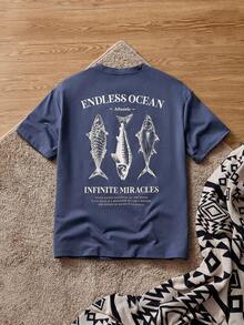 SWAVVY Áo thun nam cổ tròn tay ngắn dáng rộng in hình cá thường ngày, dáng rộng, vai trễ, thích hợp mặc hàng ngày, áo thun câu cá mùa hè, áo thun in hình, áo thun đi biển màu xanh dương cho nam - Màu xanh hải quân - Xem 1