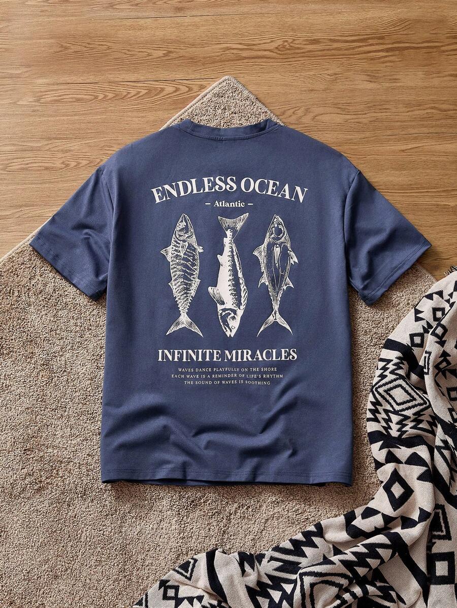 SWAVVY Áo thun nam cổ tròn tay ngắn dáng rộng in hình cá thường ngày, dáng rộng, vai trễ, thích hợp mặc hàng ngày, áo thun câu cá mùa hè, áo thun in hình, áo thun đi biển màu xanh dương cho nam - Màu xanh hải quân - Xem 1