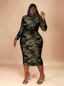 CurvyTilda 经典复古迷彩印花修身长袖圆领连衣裙，休闲大码，适合秋冬 - 彩色 - 查看 4