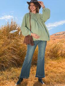 Boho Mama Autumn Green Lantern Sleeve Loose-Fitting Cotton-Lined Maternity Top With Lace Trim - Bohemian Casual Maternity Top - Green - View 5