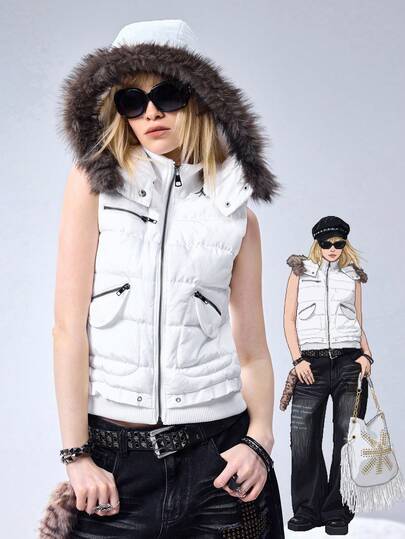 Grunge Punk Y2K Vintage Metal Grommet Design Frayed Hem Hooded Women Kpop Padded Vest Jacket