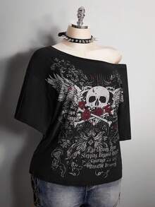 SHEIN ICON 女士加大码哥特朋克图案黑色宽松斜肩T恤 - 黑色 - 查看 9