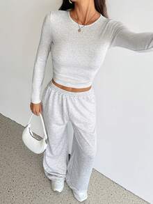 SHEIN Tall Women's Casual Long Sleeve Top And Pants 2 Pieces Set, Autumn Two Piece Set Women Comfy Long Sleeve Two Piece Set Casual Two Piece Set Casual Spring/Summer Women's Gym Clothes - Grey - View 4