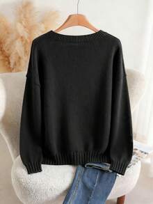 Franclia Plus Size Women's Black Sweater,Fashion Embroidered Pullover Top,Solid Color Autumn Jumper,Versatile Smart Casual Commuting & Vacation Pullover - Black - View 2