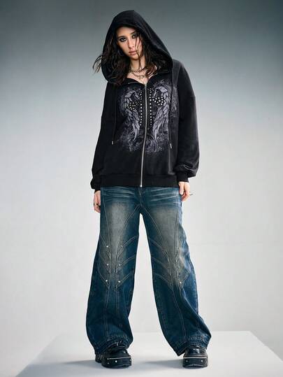 Grunge Punk Sudadera con capucha de forro polar con detalles de remaches, parche con estampado de letra y alas, estilo punk para mujer