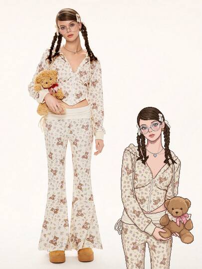 ROMWE Kawaii Women's Cute Bear & Ditsy Floral Lace Patchwork Sweatshirt And Pants 2 Pieces Set