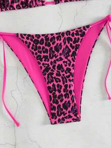 SHEIN Swim 2pcs Women's Summer Beach Leopard Print Halter Tie Sexy Bikini Swimsuit Set, Random Print - Hot Pink - View 8