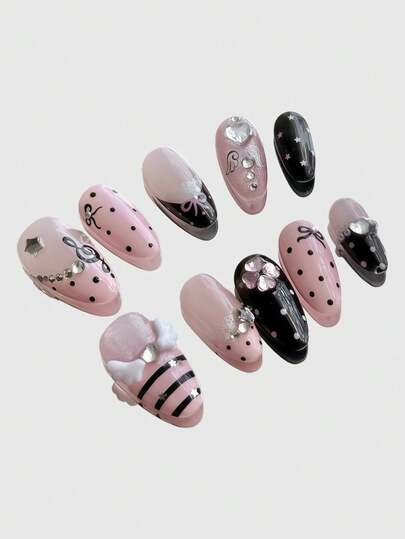 Anime 10 pezzi di unghie finte decorative in stile Y2K retrò con stelle, pois, righe, pop art, grunge, note musicali, fatte a mano, adatte per college, festival musicali, appuntamenti, ecc.