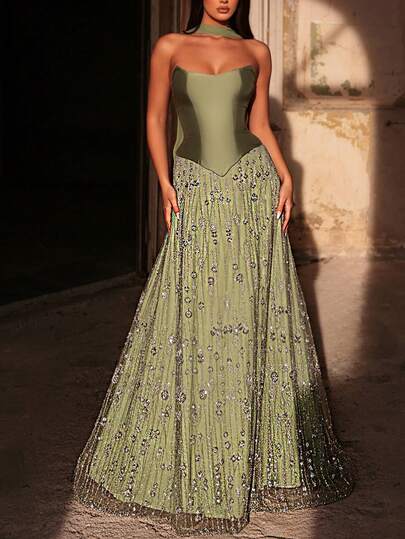 Glamrae Elegant Luxurious Green Beaded & Sequin Floral Patchwork Satin Detachable Halter Chiffon Maxi Dress, Suitable For Weddings, Parties, Vacations, Galas, Formal Events (Heavy Embellishment) Gown