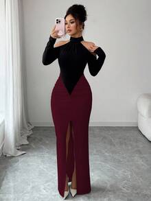 Selianne 新款秋冬黑白撞色拼接设计，性感高开衩露肩长袖褶皱修身长裙，优雅适合派对、晚宴、婚礼、万圣节、圣诞节等场合。 - 酒紅色 - 查看 6