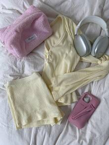 SHEIN EZwear 女式奶油色休闲长袖上衣和短裤两件套，适合夏季度假、沙滩装、家居服、春假 - 黃色 - 查看 7