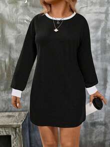 EMERY ROSE Women's Autumn/Winter New Contrast Color Trim Casual Versatile Plus Size Dress - Black - View 4