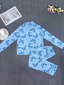 Butterfly Print Ruffle Collar Long Sleeve Girls Pajama Set Pajamas Set Butterfly Kids Pajama Set Pajama Set Blue Butterfly Blue Sleepwear Butterfly Pajamas Kids Leppard Print - Baby Blue - View 2