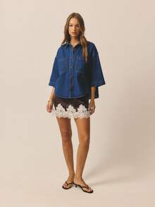 Aralina 女士翻领单排扣口袋休闲百搭日常通勤牛仔夹克 - 中等水洗藍 - 查看 8