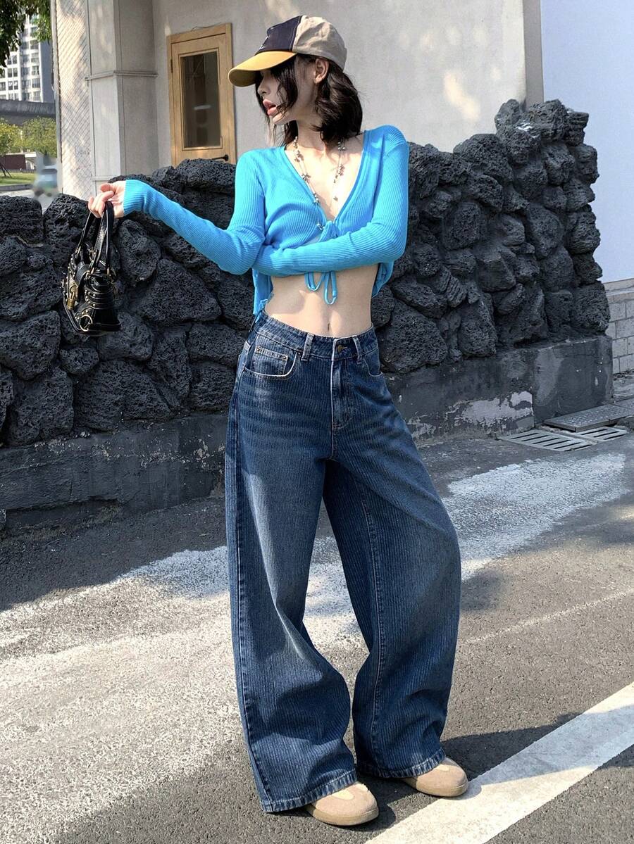 DAZY 女士带口袋纽扣休闲百搭通勤喇叭牛仔裤 - 藍色 - 查看 1
