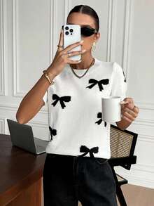 Serisse Women's Bow Jacquard Round Neck Raglan Sleeve Knit Top Casual Summer - Black and White - View 4