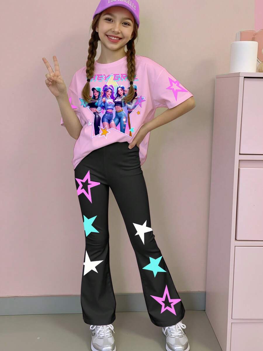 两件套少女休闲时尚街头风五角星卡通女团图案短袖T恤和裤子套装,适合夏季、郊游、返校、度假、节日、派对、日常穿着和音乐会等场合。 - 彩色 - 查看 1