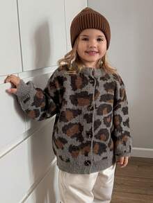 DAZY Young Girls Vintage Leopard Print Cardigan, Autumn/Winter Spring - Brown - View 2