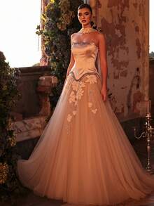 Glamrae Váy maxi dáng chữ A thêu hoa 3D thanh lịch dành cho nữ, thích hợp cho các buổi tiệc trang trọng. - Màu be - Xem 8