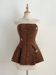 Elenzga 两件套花卉刺绣灯芯绒质感外套和迷你连衣裙套装，优雅通勤装扮 - 棕色 - 查看 7