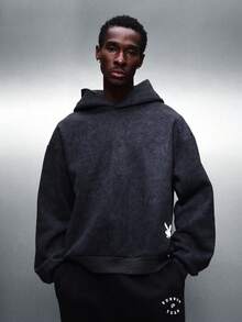 PLAYBOY X SUMWON Men's Oversized Washed Hoodie With Centre Pocket And Drawstring For Fall Winter Casual Streetwear Style - Black - View 3