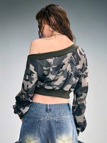 ROMWE Y2K Sexy Crop Top Oblique Shoulder Camouflage Print With Flag, Heart And Lip Graphic Sweatshirt For Women - Multicolor - View 3