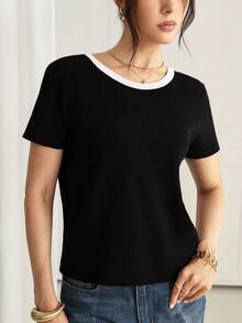 Gloray Camiseta de mujer con cuello redondo y manga corta, con decoración de lazo en la espalda