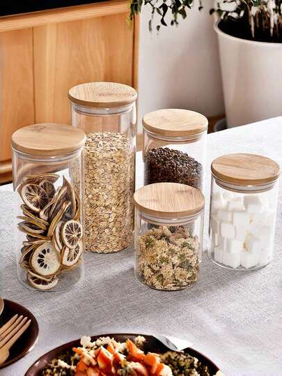 High Borosilicate Glass Sealed Storage Jar, A Sealed Storage Container For Grains, Cereals, Dried Fruits, Dried Tangerine Peel, And Tea. Straight Cylindrical Design With A Bamboo Lid, Simple And Transparent For Home Storage. A Great Item For Christmas, Kitchen Accessories, Food Storage Containers