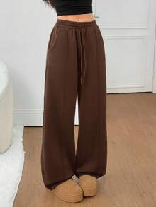 SHEIN PETITE 鹅卵石缝线细节直筒运动裤，适合毕业季、返校季、毕业典礼、教师穿着，女士返校阔腿运动裤，棕色 - 棕色 - 查看 7