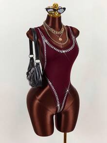 Amplova 性感水钻装饰露背连体衣 - 酒紅色 - 查看 7