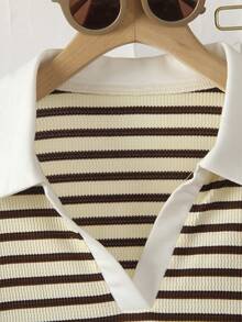 Mädchen Set aus strukturiertem Stoff gestreiftem Kontrast-Farbton Jacquard Poloshirt mit kurzen Ärmeln + Kontrast Taillenbund weite Hose, Lässig Outfit - Aprikosenfarben - Übersicht 5