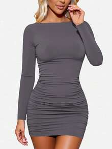INAWLY Vestido corto de manga larga y ajustado con fruncidos en color liso para mujeres - Púrpura polvoriento - Ver 5