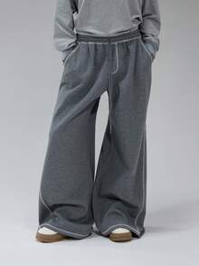 COUREZ 超低腰宽松运动裤，撞色缝线细节 / Y2K 冬季女装阔腿裤女士运动裤女士夏季服装 - 淺灰色 - 查看 7