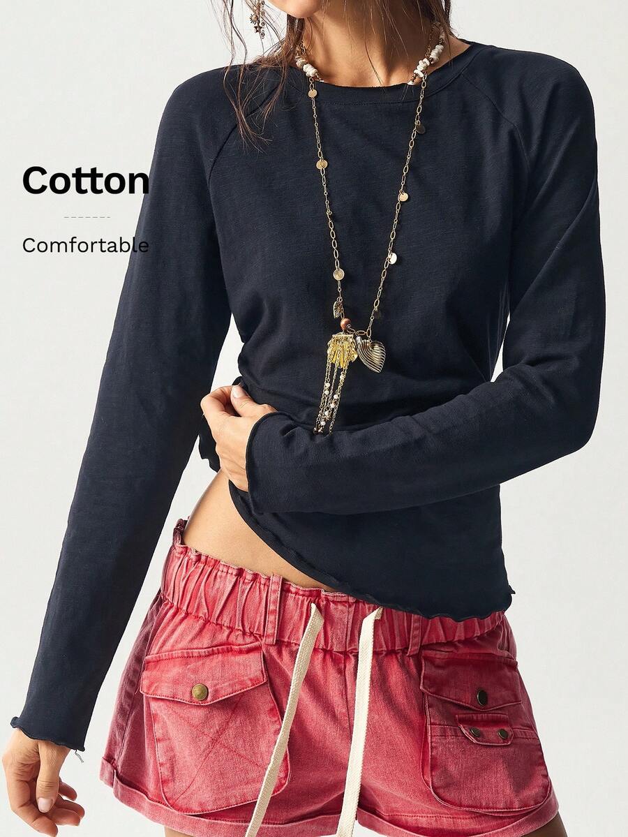 Bohemela 休闲纯色针织圆领插肩袖修身女式T恤 - 黑色 - 查看 1