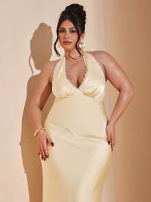 SHEIN BAE Plus Size Elegant Satin Dress, V-Neck Lace Trim Sleeveless Cocktail Party Gown, Formal Occasion Bridesmaid Dress, Birthday Mini Dress, Yellow Satin Long Dress, Cocktail Party, Business Casual,Prom, Valentine's Day, Thanksgiving, Parties, Weddings, Plus Size Satin Dress, Long Satin Dress, Plus Size Evening Gown, Curve Formal Dress Women Dresses Champagne - Yellow - View 5