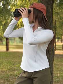 SHEIN In My Nature 女士户外休闲拉链长袖卫衣 - 白色 - 查看 7