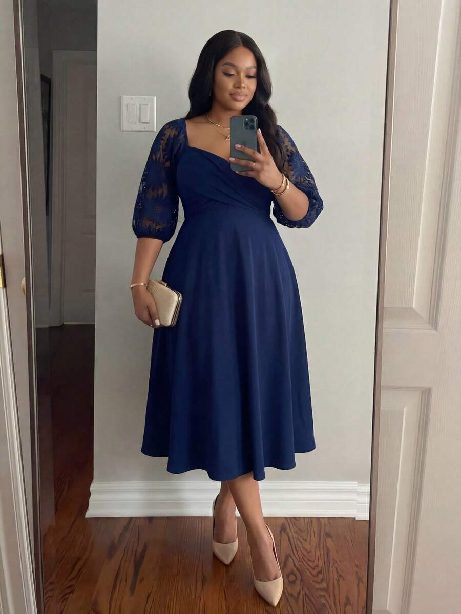 SHEIN Lady CURVE Váy dài tay màu trơn cỡ lớn, tối giản và thời trang, phù hợp cho mùa hè Váy lễ Phục sinh cho nữ Váy tốt nghiệp Váy dự tiệc cưới cho nữ Váy dự tiệc cưới cho nữ Váy công sở thường ngày cho nữ - Màu xanh hải quân - Xem 1