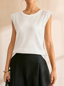 Lymera Summer Casual Solid Color Textured Wide Shoulder T-Shirt - White - View 7