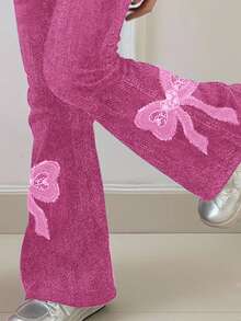 2 pièces Ensemble tee-shirt à manches courtes col rond avec motif nœud et patchwork de dentelle et pantalon skinny évasé pour fille préado, tenues d'été, confort facile, couches d'automne pour enfants, enfants élégants, tenues décontractées, vêtements graphiques pour enfants, rentrée scolaire, vêtements d'automne, bal des finissants