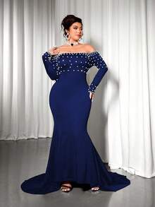 Cravure Vestido largo de manga larga con hombros descubiertos, con perlas y cuentas, para mujer de talla grande - azul real - Ver 4