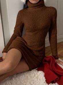 SHEIN EZwear 女士棕色毛绒紧身连衣裙，冬季款 - 摩卡棕 - 查看 4