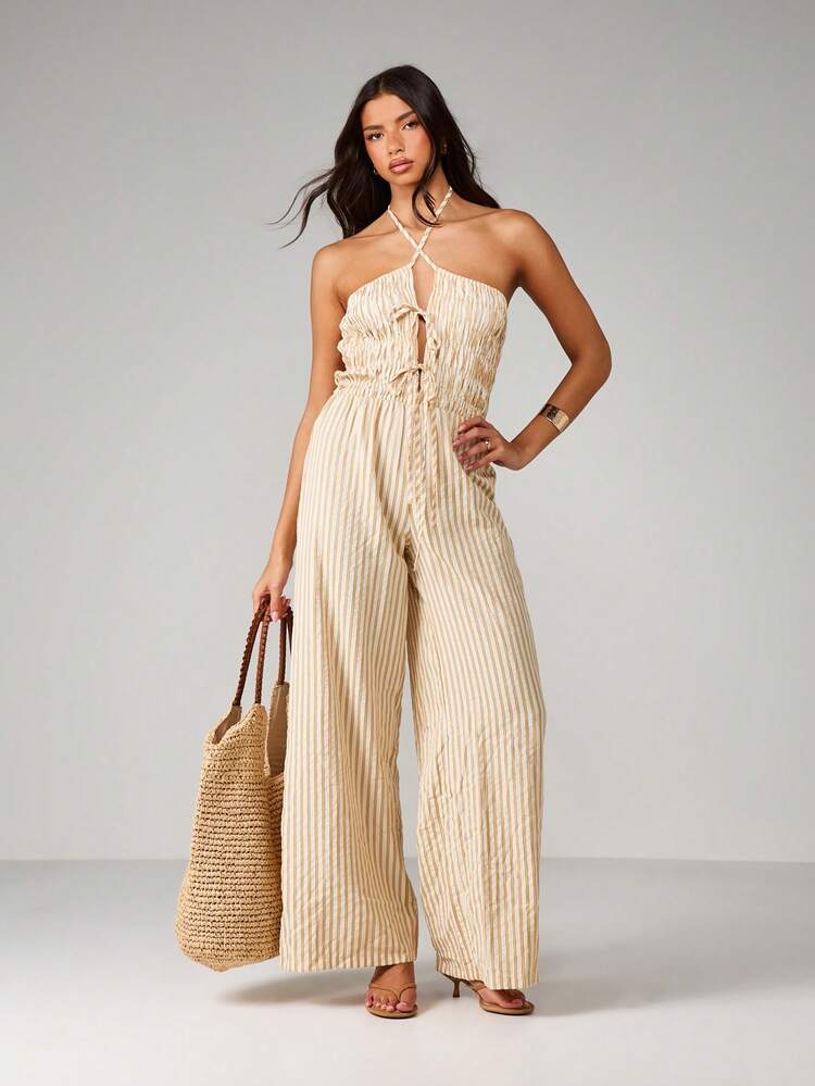 MISSGUIDED Halter Neck Striped Jumpsuit With Shirred Bodice Tie Front Wide Leg Summer Beach Festival Casual