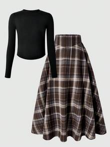2pcs/Set Tween Girl Stand Collar Long Sleeve T-Shirt And Plaid Elastic Waist A-Line Skirt - Multicolor - View 4