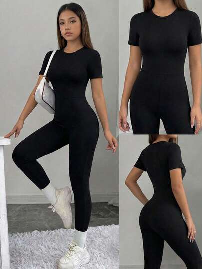 Sparklyn 1pc Minimalist Black Jumpsuit For Teens, Adjustable Waist Detail, Soft & Skin-Friendly Straight Leg, Suitable For Campus, Weekend Outings, Parties In Autumn/Winter