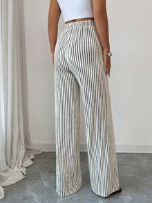 SHEIN Elenzya Women's Striped Print Pocket Elastic Waist Casual Pants, Spring/Summer - Apricot - View 2