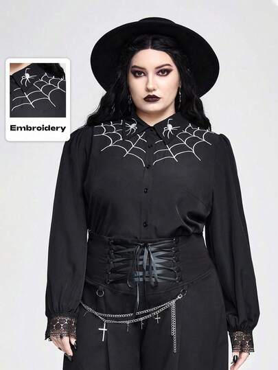 Dark Gothic Spider Web Embroidery Plus Size Blouse