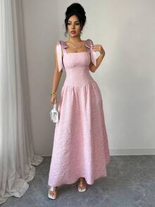 Elenzga 女士粉色仿丝系带拼接提花面料设计A字中长连衣裙，优雅精致，适合生日、约会、派对、正式场合、鸡尾酒会、音乐节、情人节、复活节、劳动节、返校派对、单身派对等各种场合，是春夏新款时尚必备单品。 - 粉色 - 查看 5